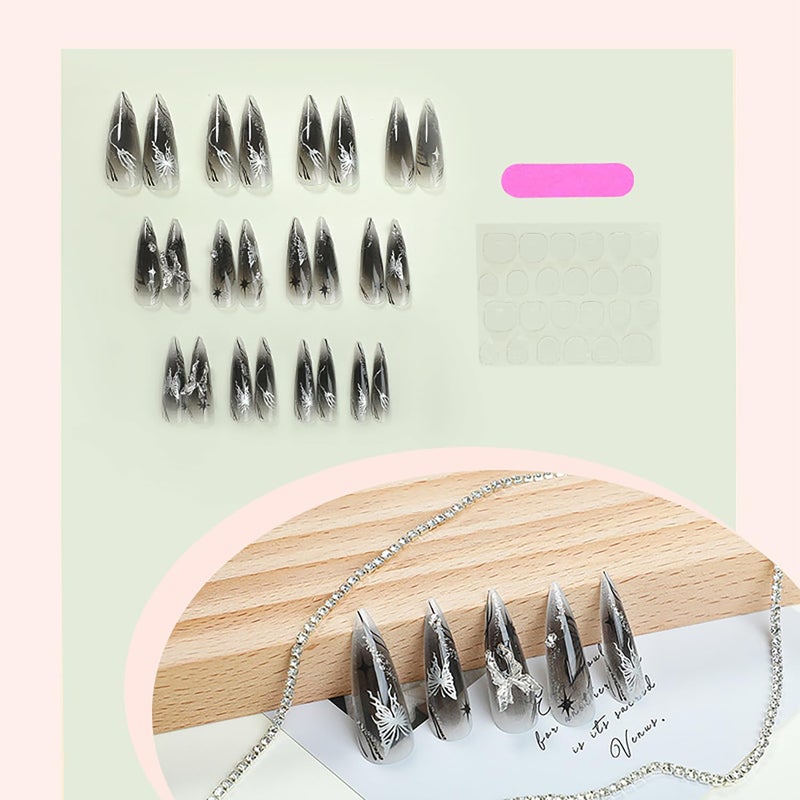 ASABITE 24 Pcs Almond Press on Nails Long Fake Nails with 3D Butterfly Nail Charms Nude Black False Nails with Design Glitter Artificial Nails Glossy Full Cover Glue on Nails Stick on Nails for Women Girls - Image 3